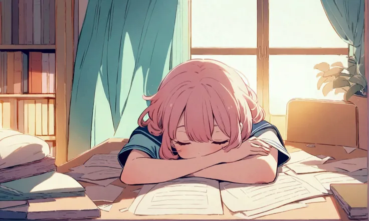 A peaceful scene of a teenage girl wearing a sailor-style school uniform, resting her head on her arms at a desk. The setting is a cozy classroom bathed in soft, warm light streaming through the window, creating a serene and dreamy atmosphere. The room fea...