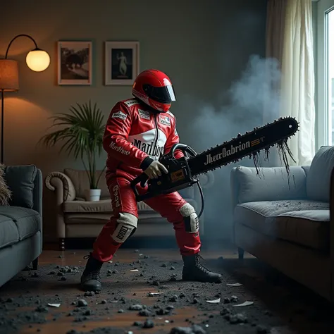  A grown guy in an apartment wearing a red and white Marlboro leather racing jacket with patches and Marlboro leather racing pants with patches, with a powerful, dirty in oil with a chainsaw in hand , A lot of black oil flows from the chainsaw destroys the...