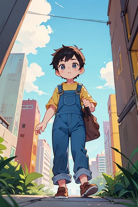 A view from below of a  boy wearing overalls walking