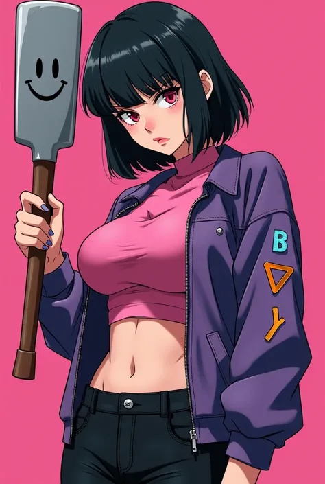  beautiful woman,  anime style black hair ,  short hair with a butt ,  purple mini jacket with 3 pins on the arm ,  one pink gum ,  sky blue pin , y pin orange ,  all together .  black jean pants and boots of the same color,  mini t-shirt color bubble gum,...