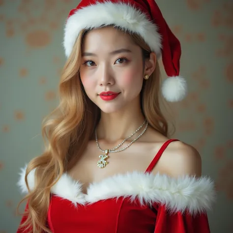 Pretty Korean woman blonde hair wearing Santa dress and Santa hat with diamond necklace with initial "K"