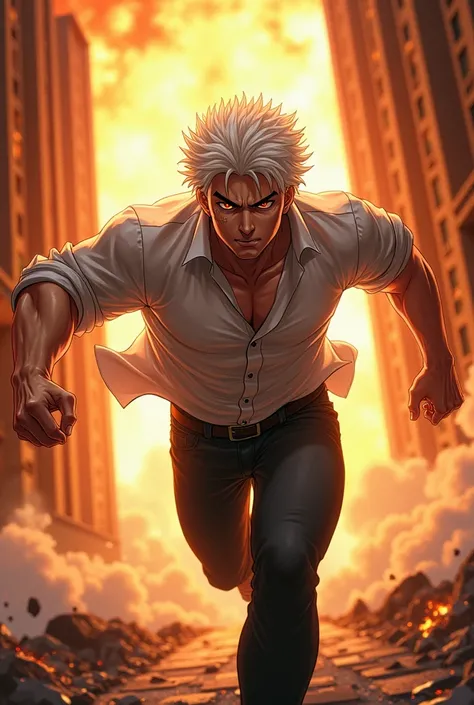 Anime adult muscular boy with white hair wearing white shirt rushes into the burning building