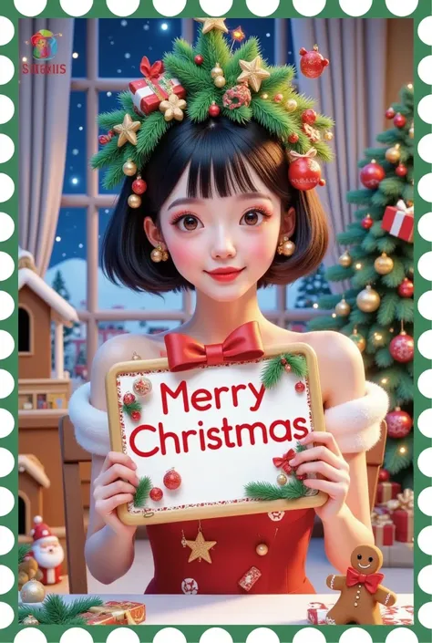 Christmas postcard，Beautiful womens words，Hair is decorated with gifts +Christmas tree+Hut+Gingerbread Man+Bow。Short hair，  beautiful face， skin details ，Finding an audience，In a cozy room。Official illustrations，cute，interesting
