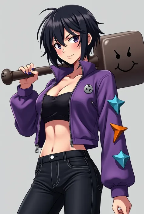  beautiful woman,  anime style black hair ,  short hair with a butt ,  purple mini jacket with 3 pins on the arm ,  one pink gum ,  sky blue pin , y pin orange ,  all together .  black jean pants and boots of the same color,  mini t-shirt color bubble gum,...