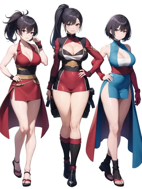 (((Best Quality))) , ((full body)), female, 3 girls, white background, random hairstyles, kunoichi, cleavage,
