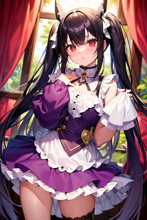 high quality ，masterpiece。 a cute woman with long black hair ，her hair is in long twin tails。  and she stands upright facing the...