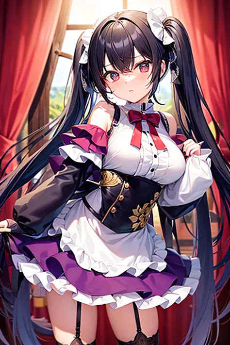 high quality ，masterpiece。 a cute woman with long black hair ，her hair is in long twin tails。  and she stands upright facing the...