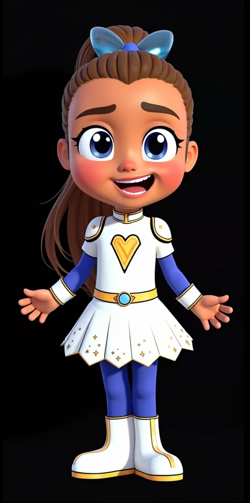 Yarel, pj masks OCs, ponytail hair, blue clear Headbow, White suit with Heart Symbol and Letter "Y", white Laser Leather Shoulder Pads, white Skirt with stars sprinkles, blue leggins, White boots ankle chunk,