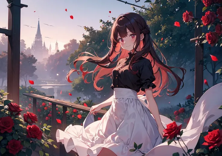 Roses and a Girl at Dawn
A girl stands in front of a red rose in the dim light before dawn. Her hair is medium brown with accents of blackcurrant , and she smiles quietly as rose petals dance in the wind. A misty garden spreads out behind her, and her figu...