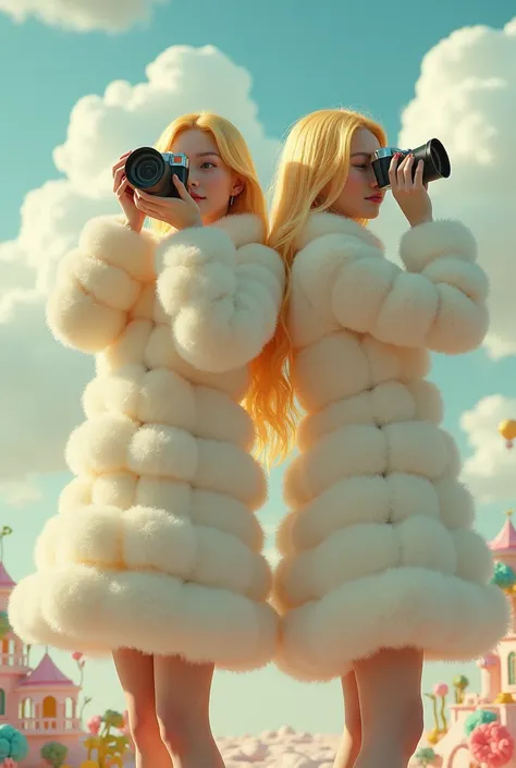 2 women with blond hair, fluffy suit, Photography, sitting