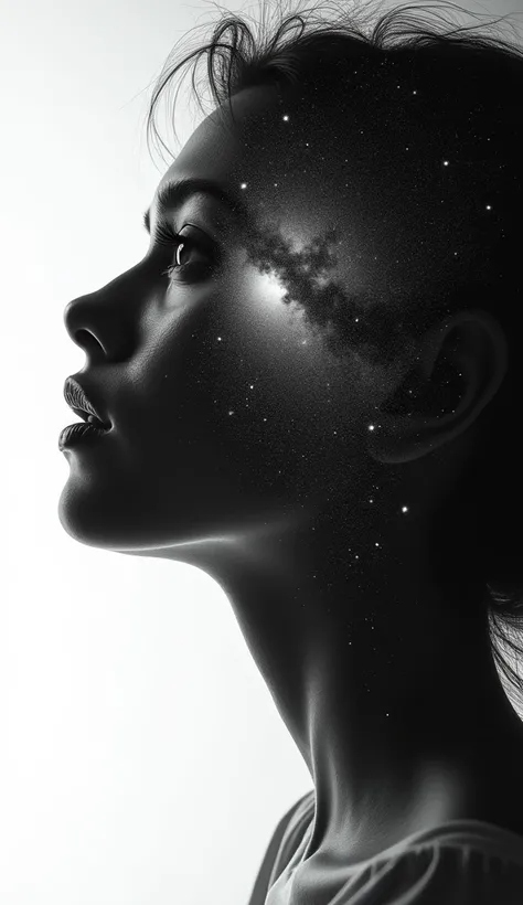 A surreal close-up of a young womans face.A human shilloute fading in stage from bottom to top , at top it becomes milky way , make background white and rest is black like black and white