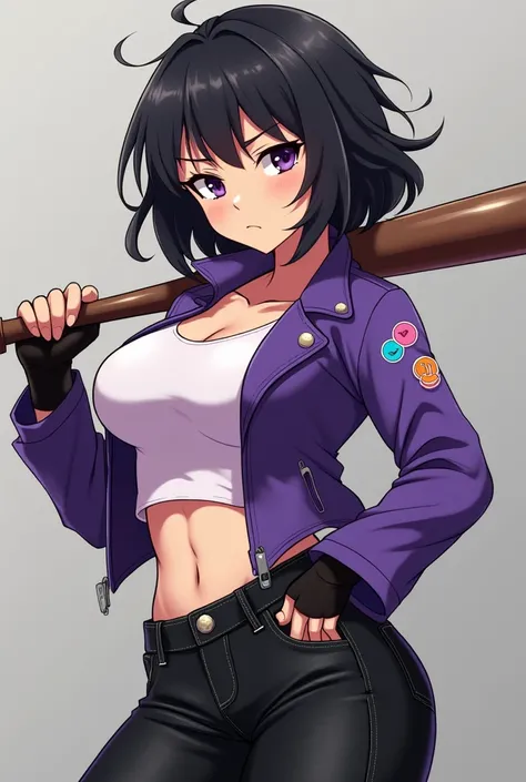  beautiful woman,  anime style black hair ,  short hair with a butt ,  purple mini jacket that reaches the chest. with 3 pins on the arm ,  one pink gum ,  sky blue pin , y pin orange ,  all together .  black jean pants and boots of the same color,  mini t...