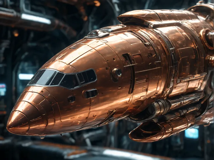 Luxury space ship, Shiny Copper in Colour, long smooth shiny surface,, sound the alarm, Action Stations, Jet Thrust, super realism, super detail, ultra hd, metallic texture, metal wear, futuristic, cinematic lighting, concept art, futurism, surrealism, hig...