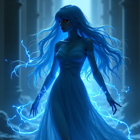 Silhouette Art, magnificent. female water elemental, long blue hair, bangs, pulsing with water and blue electrical energy