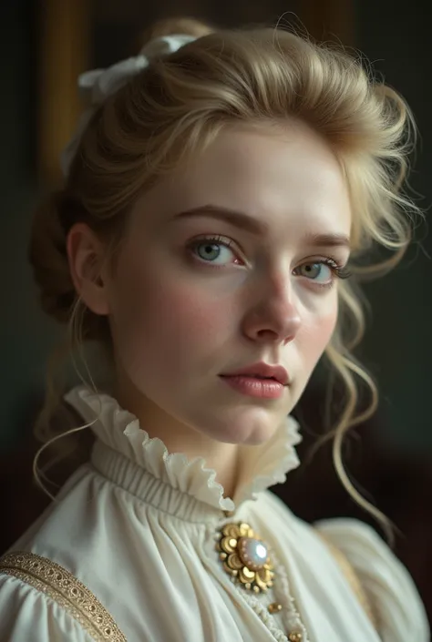 Photorealistic, detailed facial close-up of an elegant young woman from the 1900s Belle Époque. She has a blonde pompadour, pale eyes, and is wearing a high-collared Edwardian cotton blouse. The overall look is romantic and reminiscent of Edith Cushing fro...