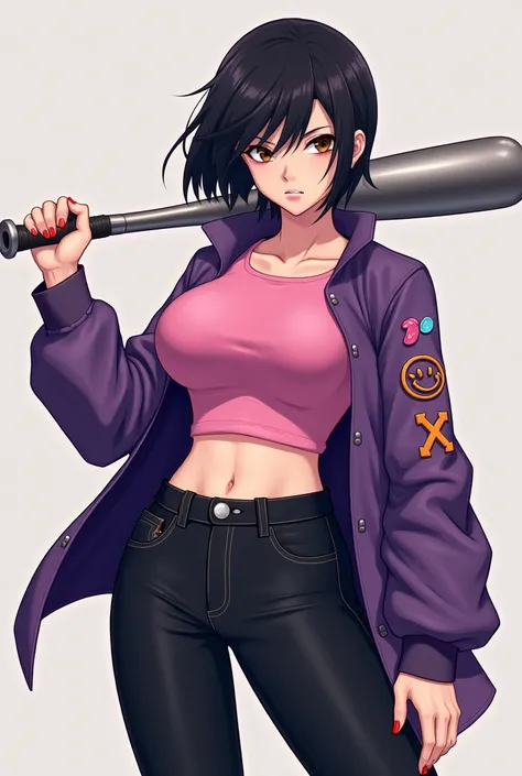  beautiful woman,  anime style black hair ,  short hair with a butt ,  purple mini jacket that reaches the chest. with 3 pins on the arm ,  one pink gum ,  sky blue pin , y pin orange ,  all together .  black jean pants and boots of the same color,  mini t...