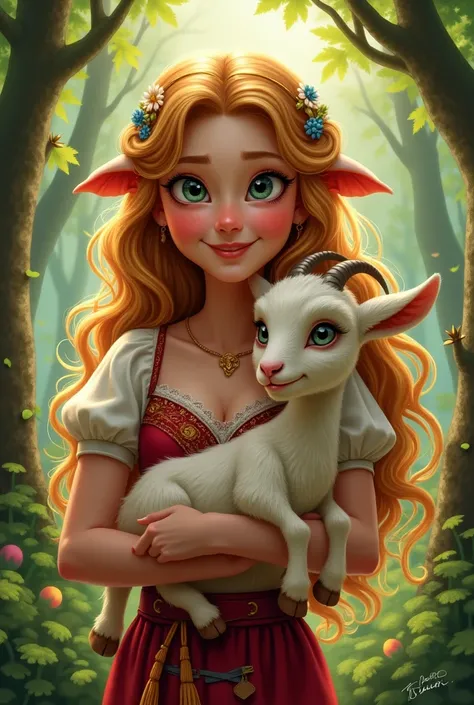 Portrait of funny princess Ariadne in forest, with little goat on her hands, in her national dress