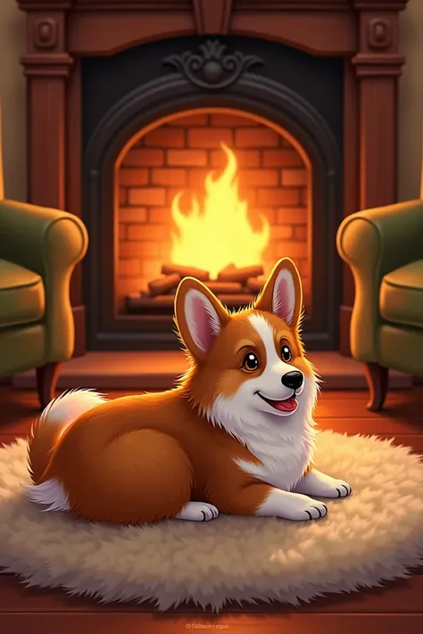 Could you please describe your pet? Let me know its species, breed, size, color, and any unique features it has. Also, describe its favorite spot by the fire so I can include the details in the illustration.

