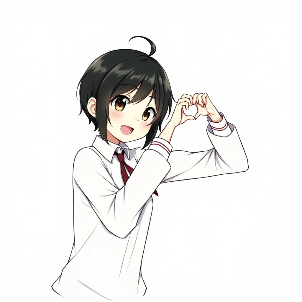 One girl is looking at me, smiling, uniform, short, making a heart with her hands