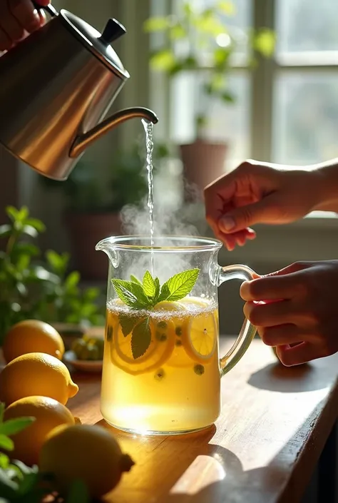 Video of a woman pouring warm water into a jug with lemon and mint 