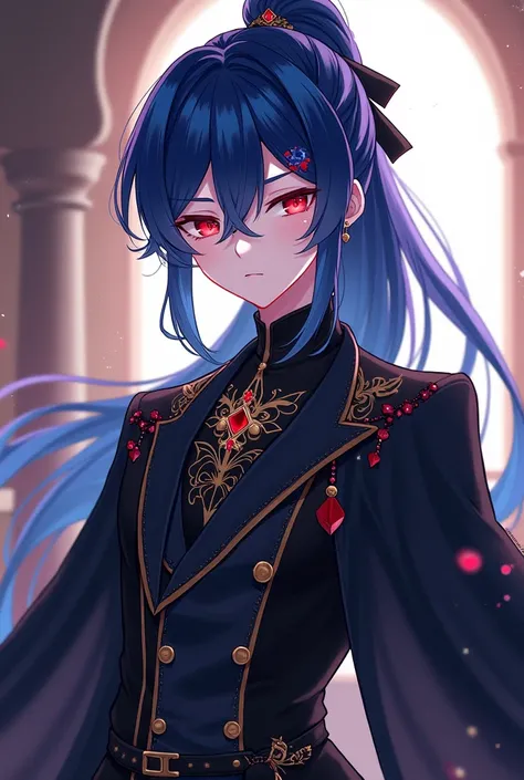 A young anime man with sharp red eyes represents long indigo hair tied with a black ribbon , He has fair skin and wears all the beautiful and luxurious black fairy clothes like the clothes of nobles 