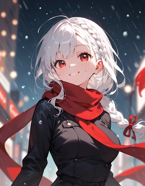  ,White hair,Braid 1 side of hair , with a red scarf, in red eyes , Long Sleeve Black Shirt, medium breasts,cute,Smiling Cheek,In the city,Snowfall