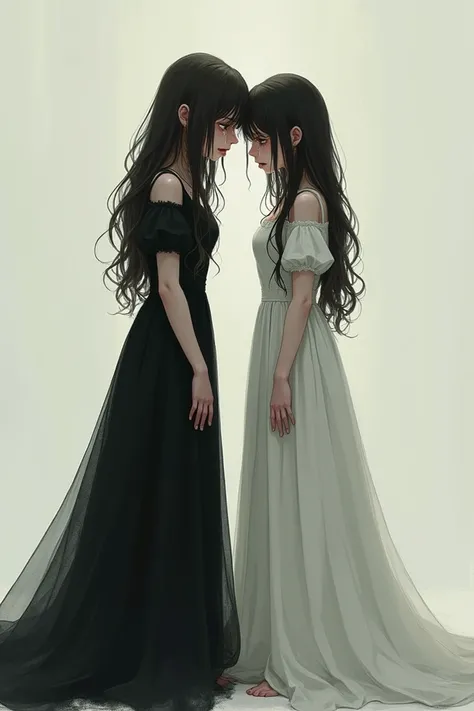 I want an image of two girls one in the long black dress crying said it will hurt and the other girl in the long white dress crying and just believe me 