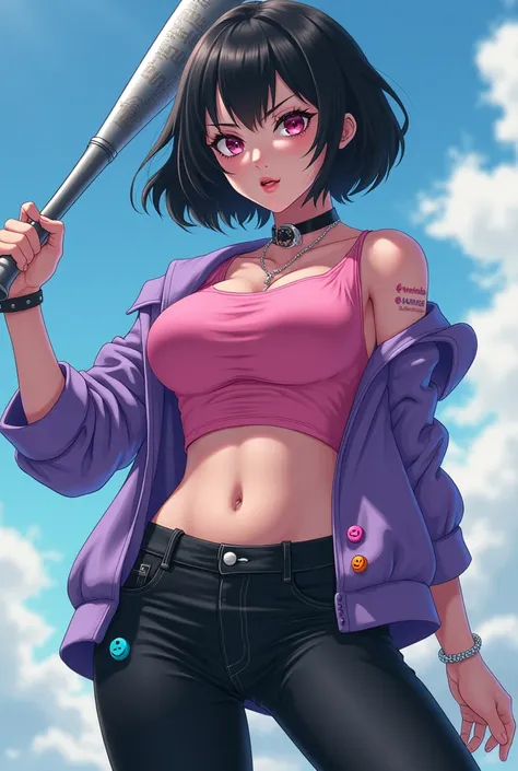  beautiful woman,  anime style black hair ,  short hair with a butt ,  purple mini jacket that reaches the chest, And she doesnt cover her belly . with 3 pins on the arm ,  one pink gum ,  sky blue pin , y pin orange ,  all together .  black jean pants and...