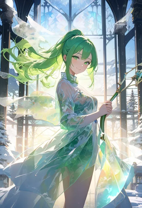 (beautiful and delicate) (Spectacular views illustration), in a Transparent clothing, (((double exposure best beauty snow))), (best beautiful spot), break, (solo, age 15) (delicate ponytail vivid green hair), (best beauty long hair), (best beautiful Warrio...