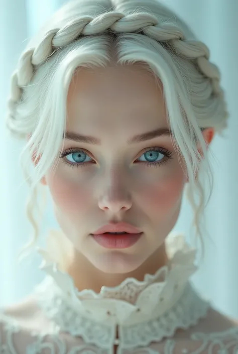  Photo of a womans face, on a light background  , lips painted, white hair braid, blue eyes