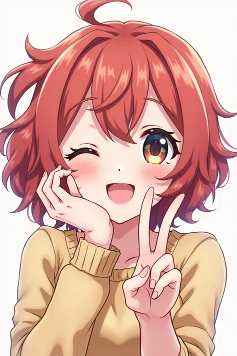 Anime profile picture showing only the head facing the viewer with closed eyes and a vibrant smile making the gesture "2" With the left hand