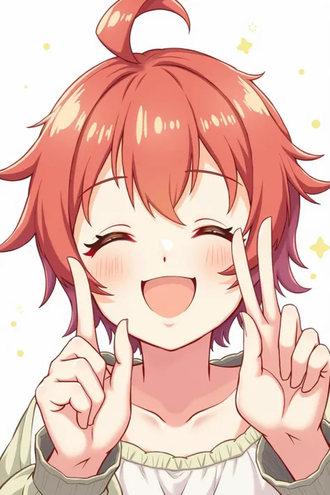 Anime profile picture showing only the head facing the viewer with closed eyes and a vibrant smile making the gesture "2" With the left hand