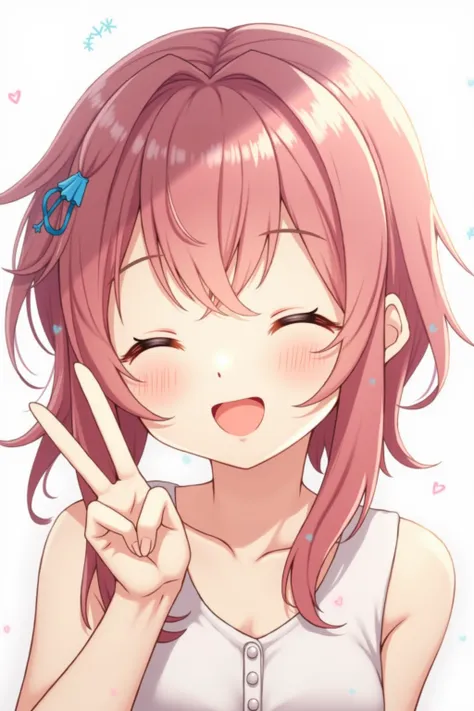 Anime profile picture showing only the head facing the viewer with closed eyes and a vibrant smile making the gesture "2" With the left hand