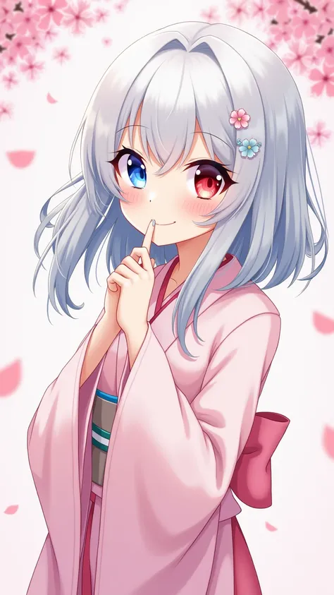 One girl, solo, High resolution, Silver Hair。Bob。Right eye blue。Left eye red。Odd Eye。anime。anime。Background petals。cute。Curling hair ends。Kimono pink。whole body。Bangs, 