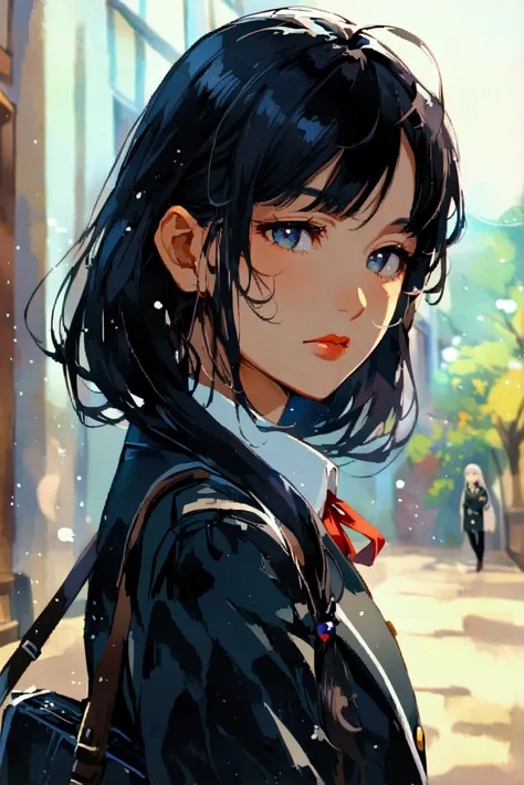 Anime Style、School、 girl、uniform、 blazer、 black hair、 long hair 、 straight hair、whole body、very beautiful 、 very nice