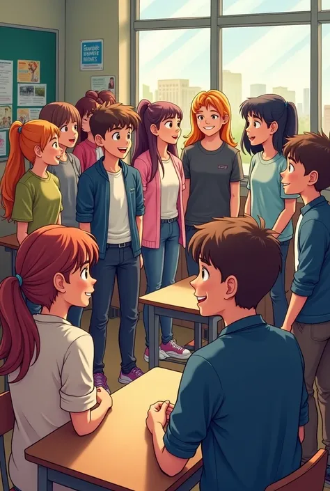  Make a cartoon A group of  boys wearing navy white tops are chatting in the right corner and in the left corner a swarm of  girls are chatting. background in the classroom 