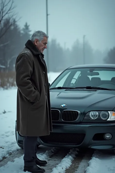 Sad man standing in winter next to a bmw e46 m3