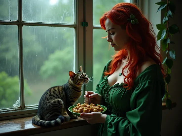 Poison Ivy huge breasts, closed eyes, on a rainy day eating food with her cat in front of a large window her wearing comfy clothes