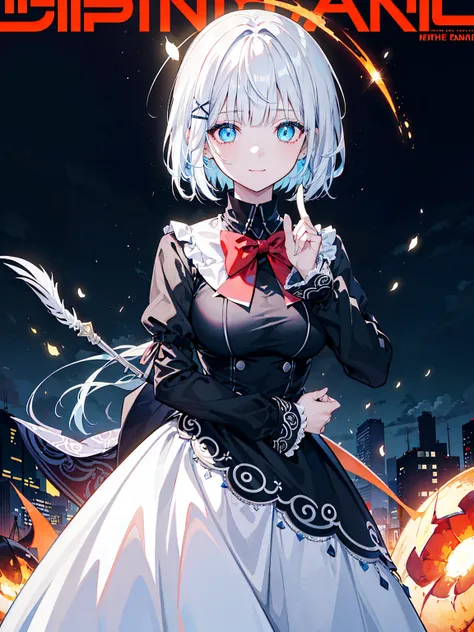 detectivesiesta, Smile, Short hair, bangs, blue eyes, Shirt, hair ornament, Long sleeves, Dress, Bow, White hair, hair clips, Blunt bangs, bowtie, Red bow, X hair ornament, red bowtie, siesta, (medium breasts⁩:1.2), break looking at viewer, break outside, ...