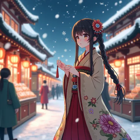 A traditional lively Japnese market with white snow in the night sky,Scattered in an ancient Japnese style woman，She wears a gorgeous cloak and covers her head slightly, showing gorgeous costumes and complicated hair accessories from head to toe.。She has b...