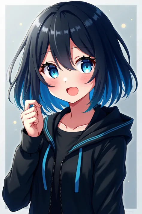 Novel cover of a black haired happy anime girl with blue streaks wearing a long sleeved black jacket. She also have blue eyes and shes still 15.