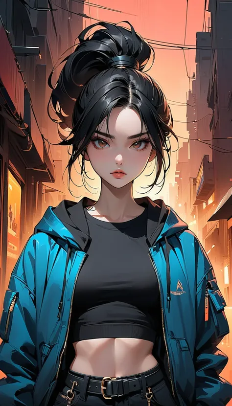 (masterpiece, best quality:1.2), neo-noir style，cyberpunk style, Style Anime，comic art，waist-up view, semi-realistic anime-style, 21-year-old woman, long sleek black hair, high ponytail, warm tan skin, sharp symmetrical face, defined jawline, serious expre...