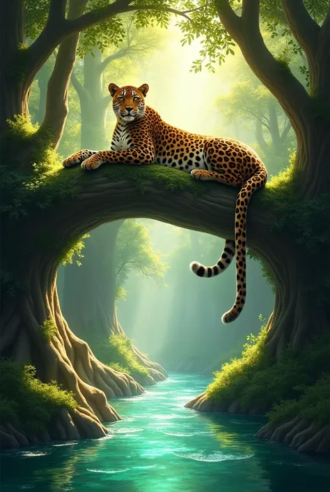 A  leopard sitting on branch of tree and big trees and their roots touching river and sun light on leopard and blue light shining and green transparent river and bush 