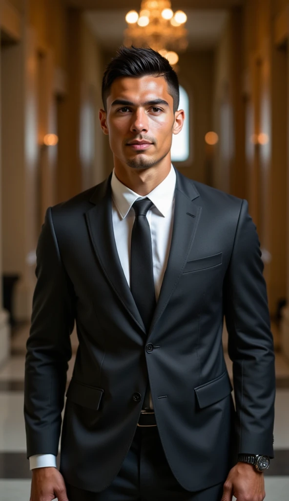 Full body portrait of Ronaldo in a suit, small head, extremely detailed skin, in a grand hall, blurred background.