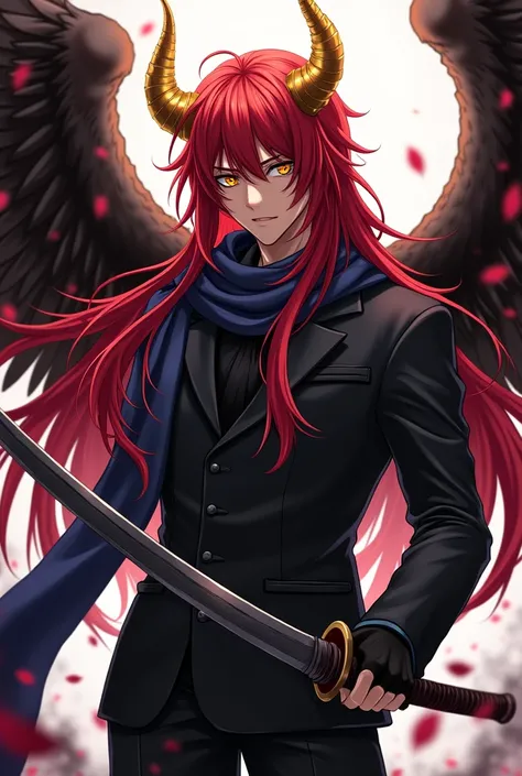 tekken 7,  Archangel , Demon Wings, male demon, Calibur of the soul,  black wings instead of arms ,  Fighting Game Character , Dark Angel,  tsurumaki Kazuya ,siendo encadenado por cadenas carmesi,que son de Young adult anime boy with long red hair with gol...