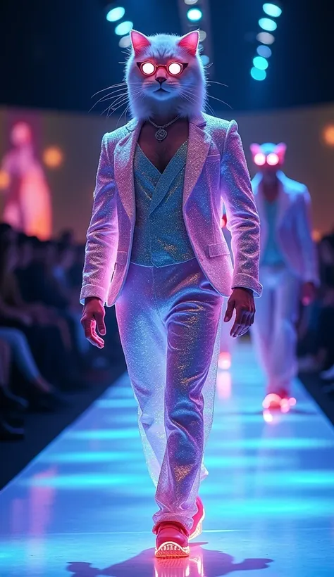 Create A Humanoid Very Cute Cat Man Walking In Fashion Show Ramp, Wearing Unique Fashion Clothes, With Unique Hat , Wearing Glasses, Walking Straight On The Ramp, Fashion Show Background, Walking In Style, Realistic, 
Glowing Galaxy" collection features ne...