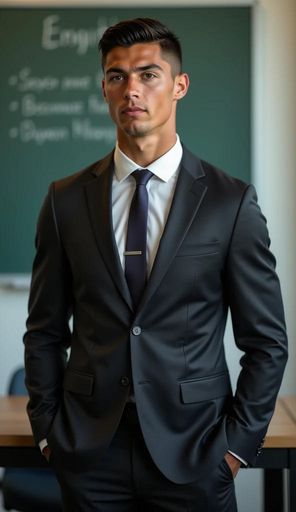 Full body portrait of Ronaldo in a suit, small head, extremely detailed skin, in a boardroom in front of a whiteboard, blurred background.