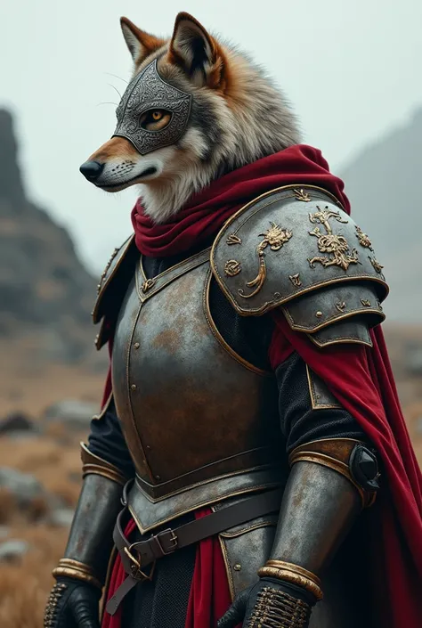 I want a wolf dressed as a knight and wearing a mask so that his ears and scalp are visible and his face is covered by a mask