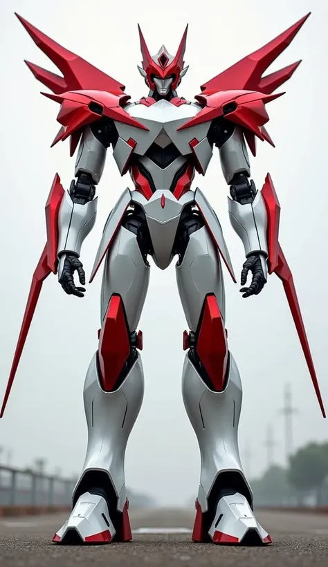 "A 12-meter tall metallic robot based on the red and white of the Indonesian flag. Its design features a powerful white torso with flowing red metallic shoulder plates resembling wings. The robot’s legs are robust and streamlined, with a gleaming white fin...