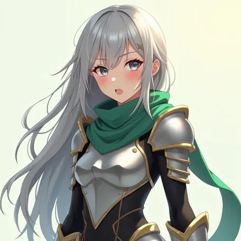 girl with long silver hair in razor armor with a green scarf. embarrassed face. pink cheeks .  sexy body . sweet girl, anime style, painted art